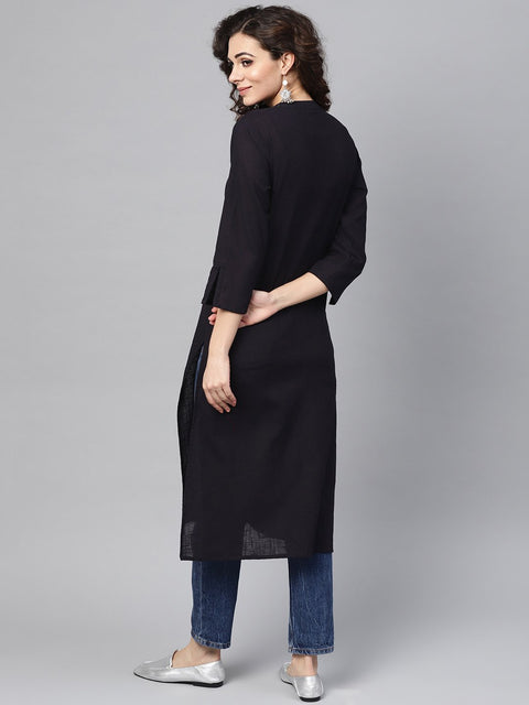 Nayo Navy Blue Straight Kurta with Mandarin Collar & Front Placket