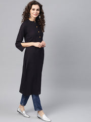 Nayo Navy Blue Straight Kurta with Mandarin Collar & Front Placket