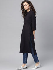 Nayo Navy Blue Straight Kurta with Mandarin Collar & Front Placket