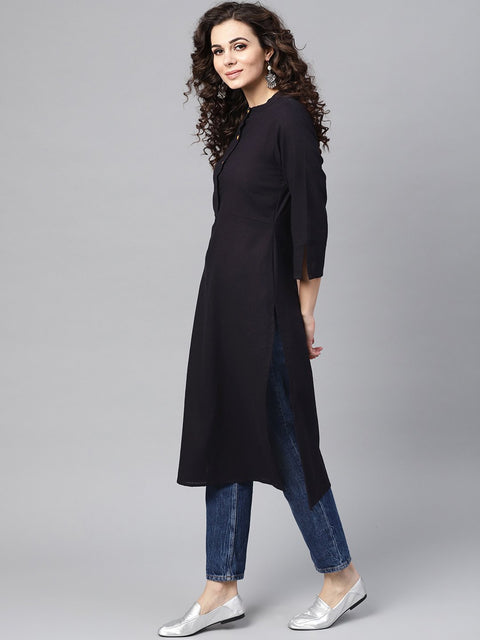 Nayo Navy Blue Straight Kurta with Mandarin Collar & Front Placket