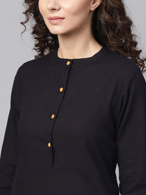 Nayo Navy Blue Straight Kurta with Mandarin Collar & Front Placket