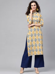 Cream Multi Colored Straight Kurta with Mandarin collar & 3/4 sleevs