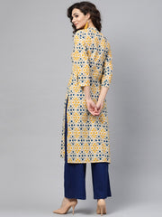 Cream Multi Colored Straight Kurta with Mandarin collar & 3/4 sleevs