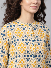 Cream Multi Colored Straight Kurta with Mandarin collar & 3/4 sleevs