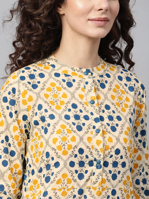 Cream Multi Colored Straight Kurta with Mandarin collar & 3/4 sleevs