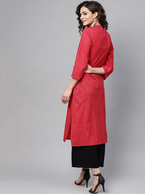 Pink Straight Kurta with Madarin Collar with 3/4 sleeves
