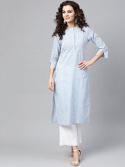 Nayo Light Blue Stripped Straight Kurta with Mandarin collar & 3/4 Sleeves