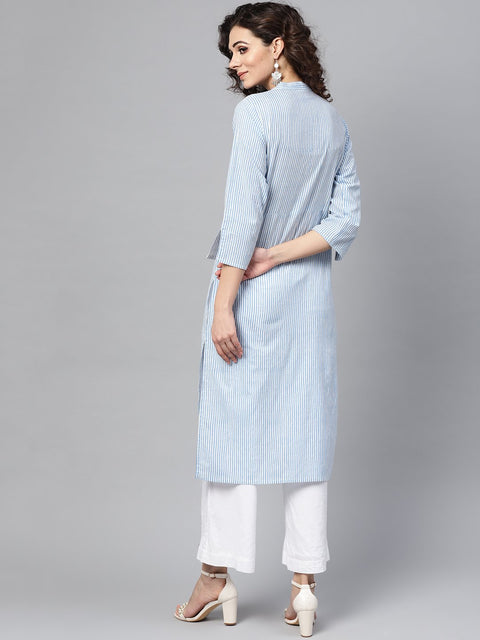 Nayo Light Blue Stripped Straight Kurta with Mandarin collar & 3/4 Sleeves