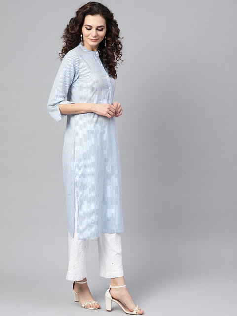 Nayo Light Blue Stripped Straight Kurta with Mandarin collar & 3/4 Sleeves
