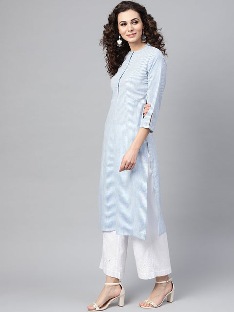 Nayo Light Blue Stripped Straight Kurta with Mandarin collar & 3/4 Sleeves