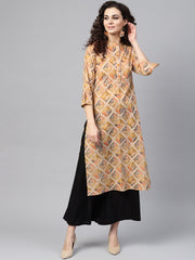 Beige Multi-Colored Straight Kurta with Mandarin Collar with 3/4 sleeves