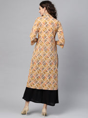 Beige Multi-Colored Straight Kurta with Mandarin Collar with 3/4 sleeves