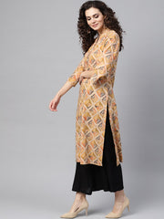 Beige Multi-Colored Straight Kurta with Mandarin Collar with 3/4 sleeves