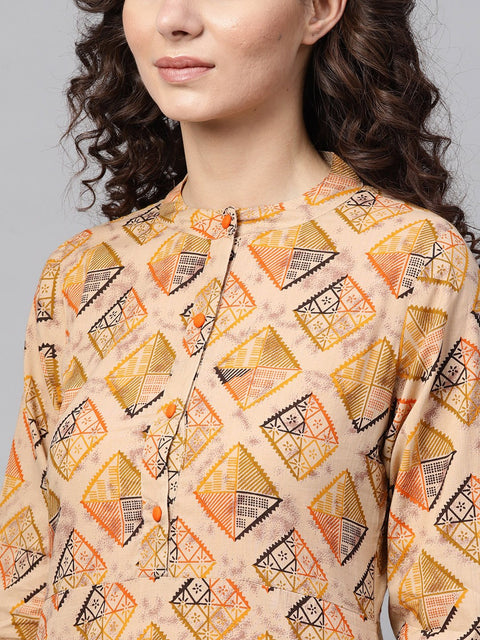 Beige Multi-Colored Straight Kurta with Mandarin Collar with 3/4 sleeves