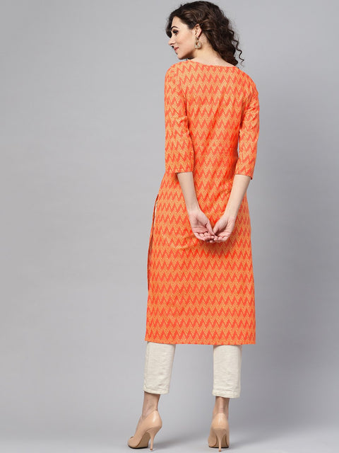 Nayo Peach Staright Kurta with Keyhole Neck & 3/4 sleeves