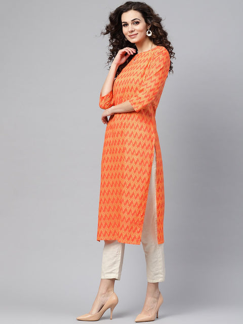 Nayo Peach Staright Kurta with Keyhole Neck & 3/4 sleeves