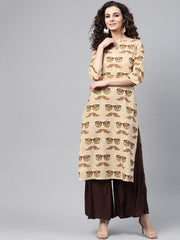 Nayo Cream Multi Colored Straight Kurta with Keyhole neck & 3/4 sleevs