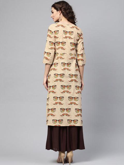 Nayo Cream Multi Colored Straight Kurta with Keyhole neck & 3/4 sleevs