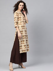 Nayo Cream Multi Colored Straight Kurta with Keyhole neck & 3/4 sleevs