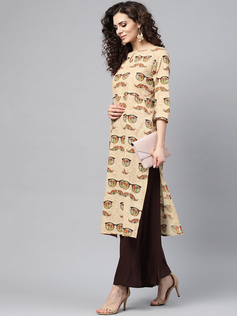 Nayo Cream Multi Colored Straight Kurta with Keyhole neck & 3/4 sleevs
