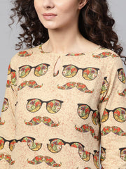 Nayo Cream Multi Colored Straight Kurta with Keyhole neck & 3/4 sleevs