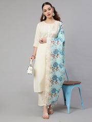 Women Cream Straight Solid Kurta With Trouser And Art Silk Dupatta