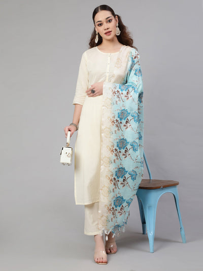 Women Cream Straight Solid Kurta With Trouser And Art Silk Dupatta