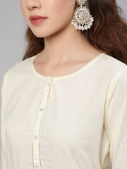 Women Cream Straight Solid Kurta With Trouser And Art Silk Dupatta