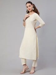Women Cream Straight Solid Kurta With Trouser And Art Silk Dupatta