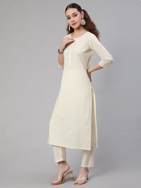Women Cream Straight Solid Kurta With Trouser And Art Silk Dupatta