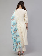 Women Cream Straight Solid Kurta With Trouser And Art Silk Dupatta
