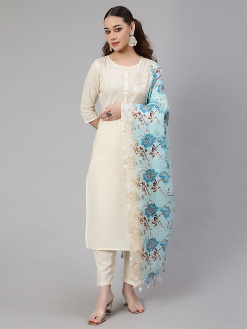 Women Cream Straight Solid Kurta With Trouser And Art Silk Dupatta