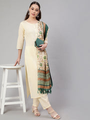 Women Cream Straight Solid Kurta With Trouser And Art Silk Dupatta