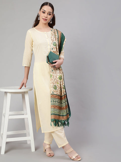 Women Cream Straight Solid Kurta With Trouser And Art Silk Dupatta
