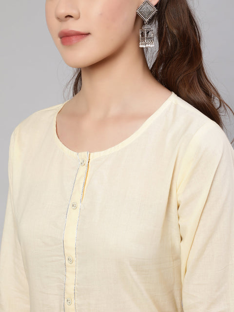 Women Cream Straight Solid Kurta With Trouser And Art Silk Dupatta