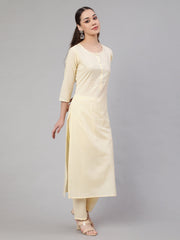Women Cream Straight Solid Kurta With Trouser And Art Silk Dupatta