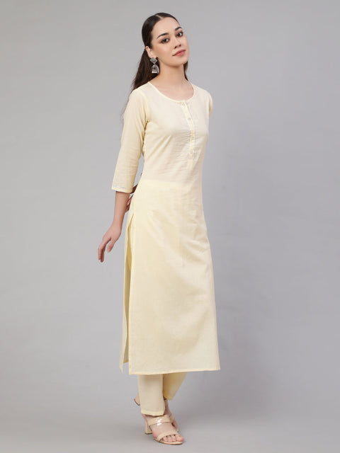 Women Cream Straight Solid Kurta With Trouser And Art Silk Dupatta