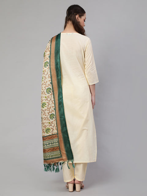 Women Cream Straight Solid Kurta With Trouser And Art Silk Dupatta
