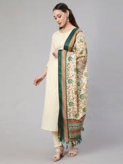 Women Cream Straight Solid Kurta With Trouser And Art Silk Dupatta