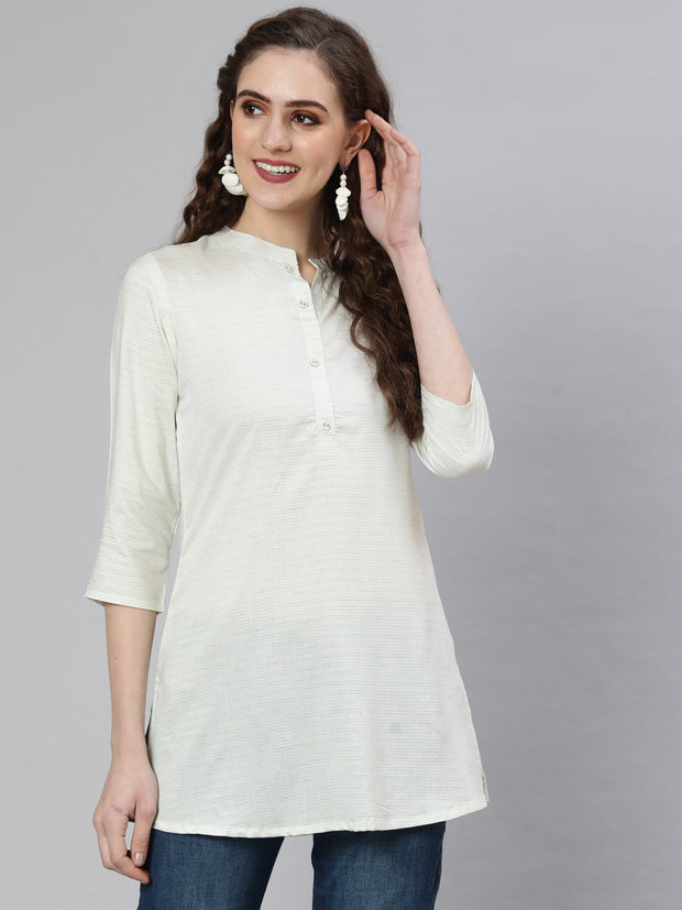 Women Off-White and Green Printed Straight Tunic With Three Quarter Sleeves