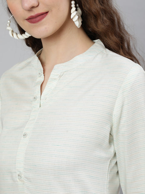 Women Off-White and Green Printed Straight Tunic With Three Quarter Sleeves