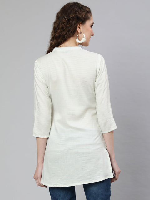 Women Off-White and Green Printed Straight Tunic With Three Quarter Sleeves