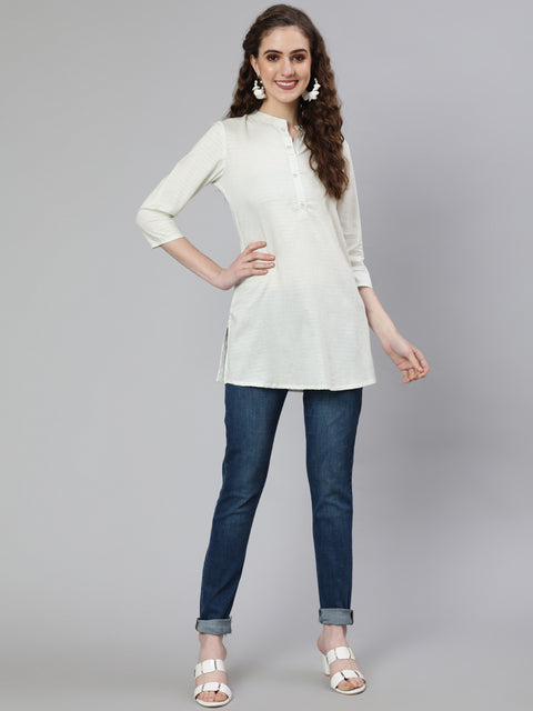 Women Off-White and Green Printed Straight Tunic With Three Quarter Sleeves