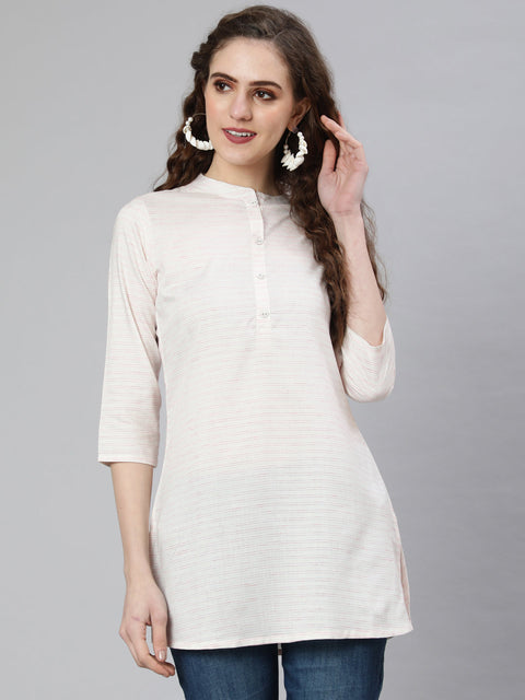 Women Off-White and Pink Printed Straight Tunic With Three Quarter Sleeves