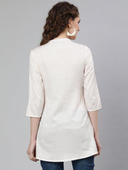 Women Off-White and Pink Printed Straight Tunic With Three Quarter Sleeves