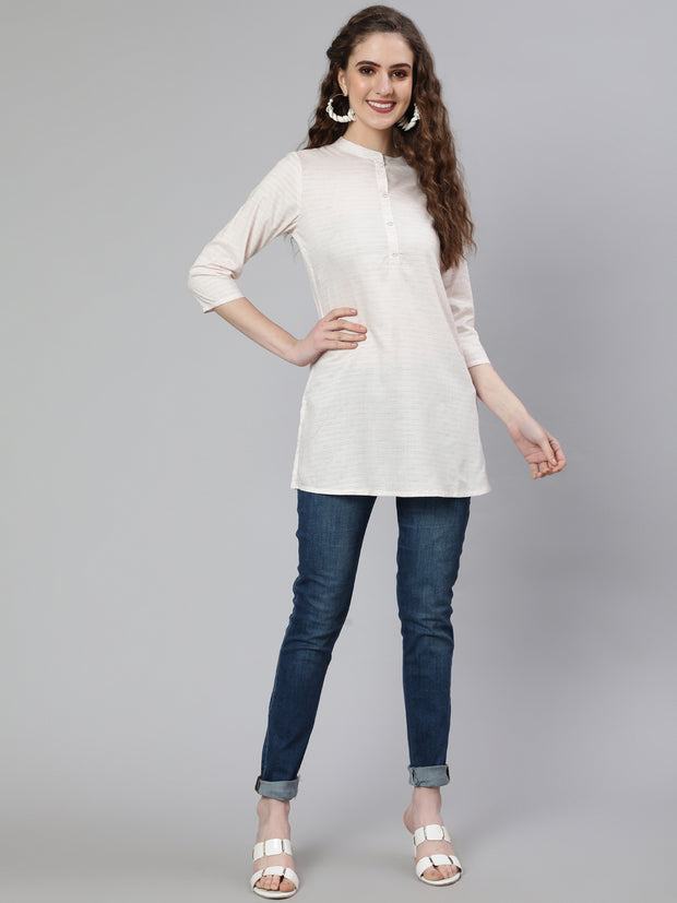 Women Off-White and Pink Printed Straight Tunic With Three Quarter Sleeves