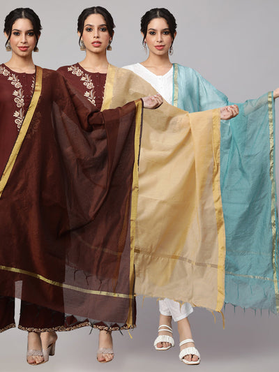 Women Dupatta combo, Pack Of Three Brown, Beige, & Blue