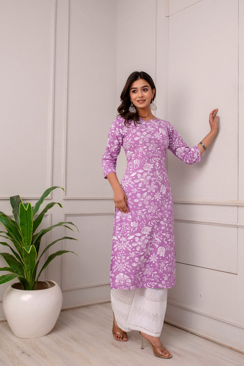 Women Lavender Calf Length Three-Quarter Sleeves Straight Floral Printed Cotton Kurta