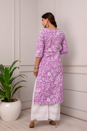 Women Lavender Calf Length Three-Quarter Sleeves Straight Floral Printed Cotton Kurta