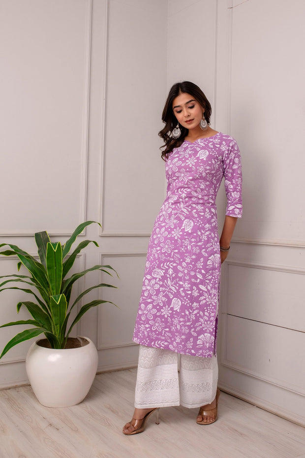 Women Lavender Calf Length Three-Quarter Sleeves Straight Floral Printed Cotton Kurta